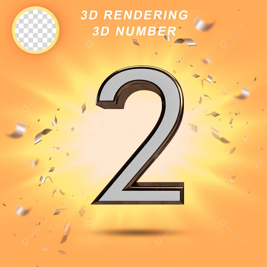 Número 3D 2 Branco com Textura Dourada Para composição PSD