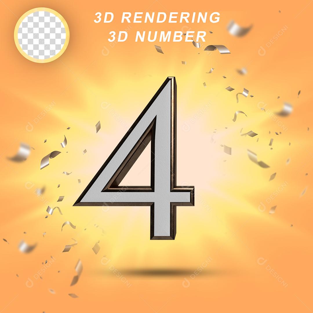 Número 3D 4 Branco com Textura Dourada Para composição PSD