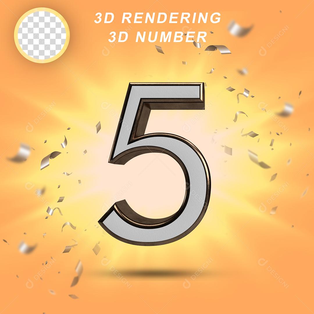 Número 3D 5 Branco com Textura Dourada Para composição PSD
