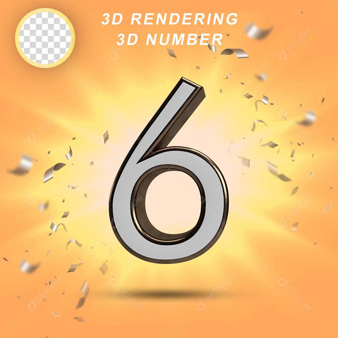 Número 3D 6 Branco com Textura Dourada Para composição PSD