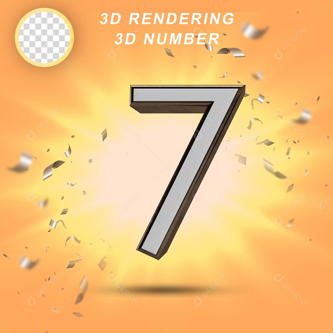 Número 3D 7 Branco com Textura Dourada Para composição PSD