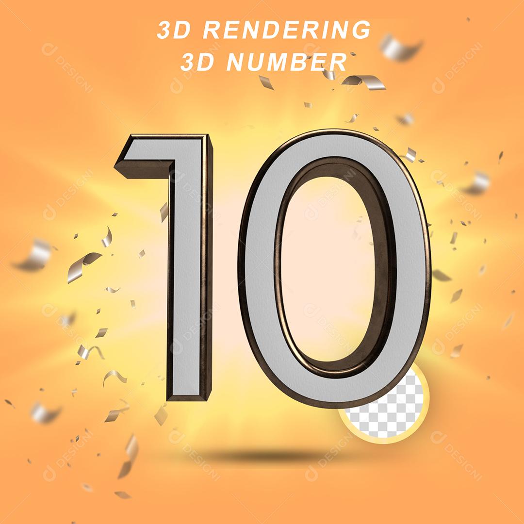 Número 3D 10 Branco com Textura Dourada Para composição PSD