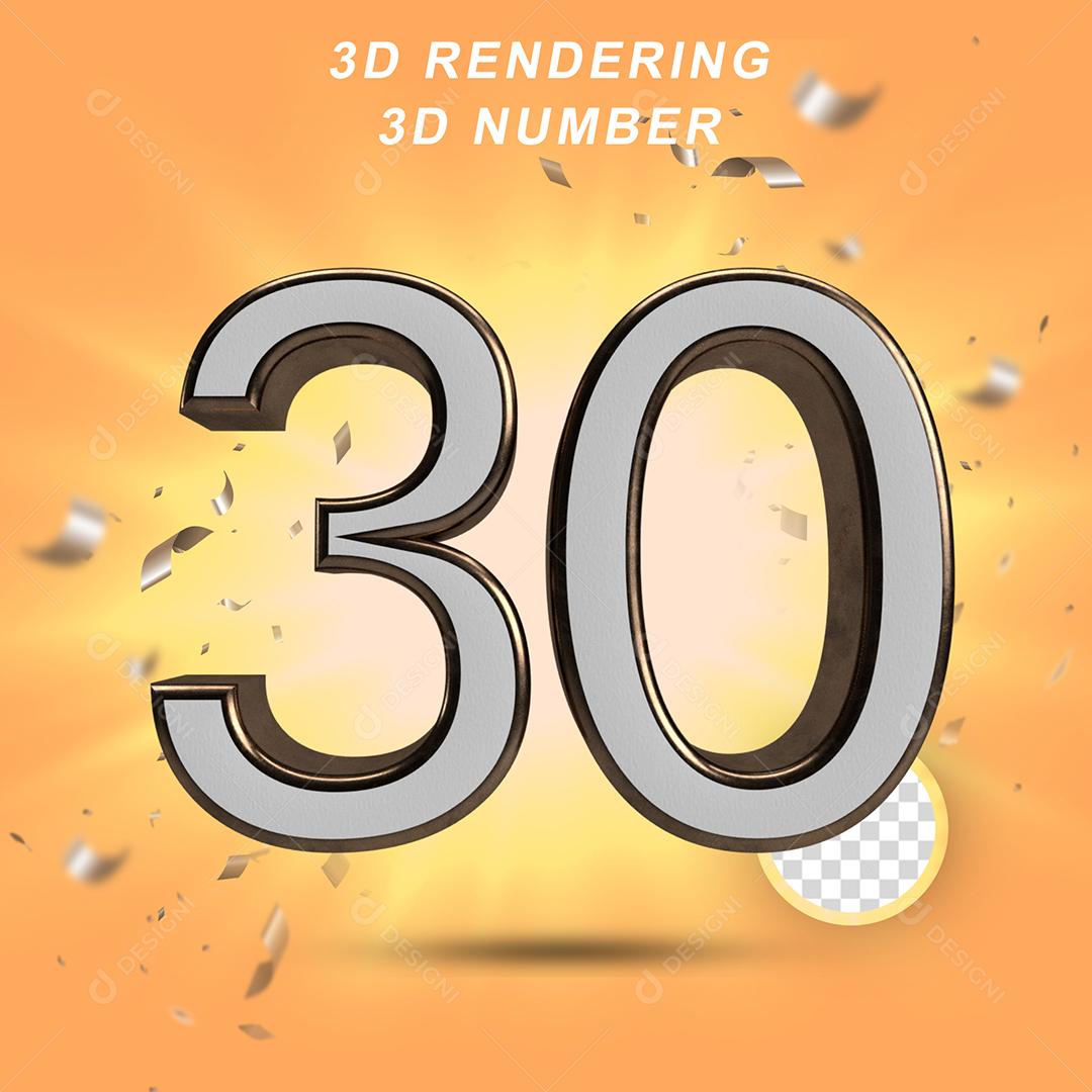 Número 3D 30 Branco com Textura Dourada Para composição PSD
