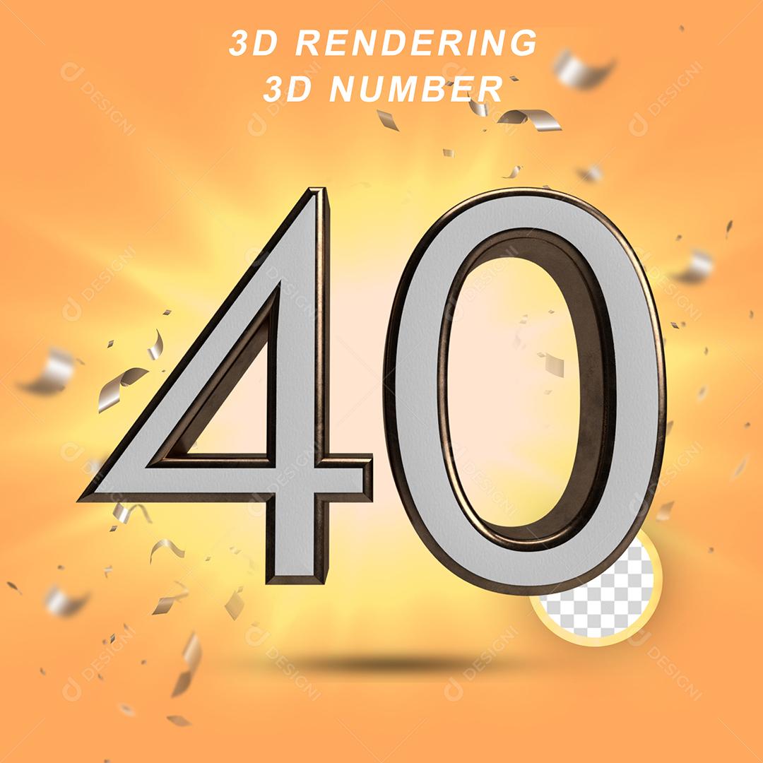 Número 3D 40 Branco com Textura Dourada Para composição PSD