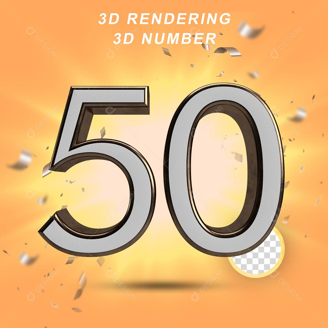Número 3D 50 Branco com Textura Dourada Para composição PSD