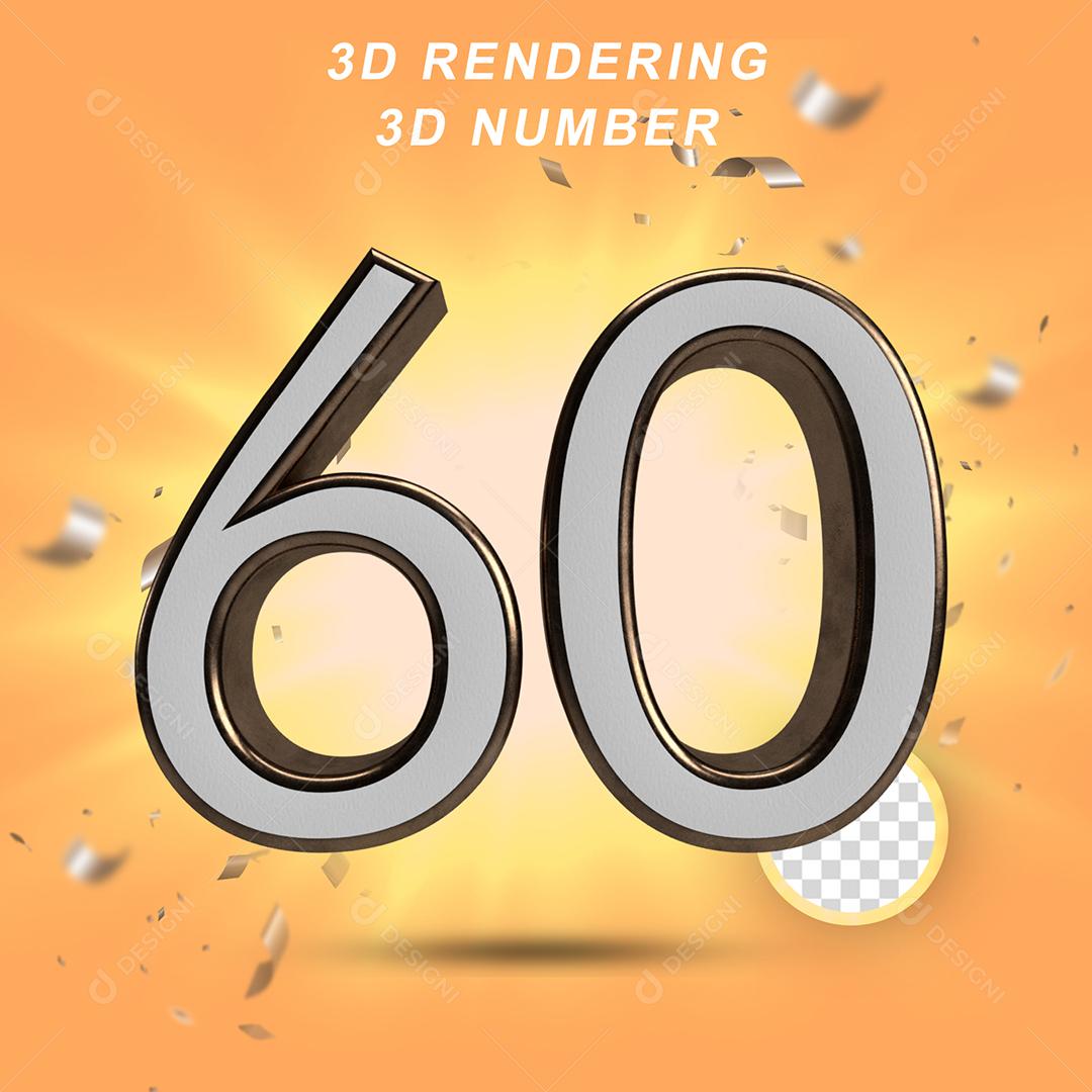 Número 3D 60 Branco com Textura Dourada Para composição PSD
