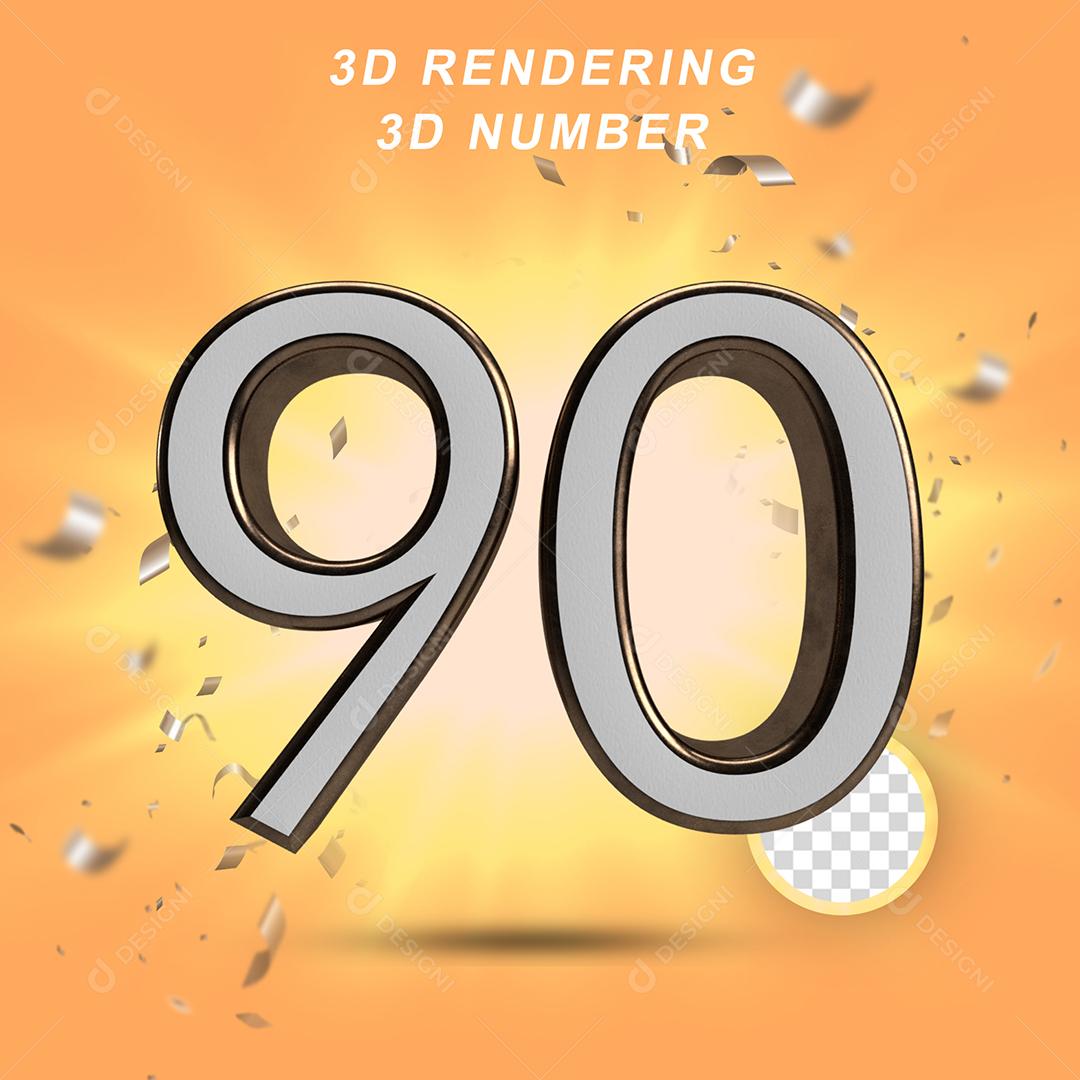 Número 3D 90 Branco com Textura Dourada Para composição PSD