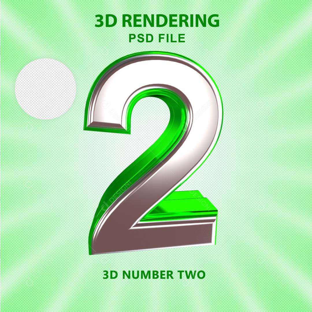 Número 3D 2 Prata com Textura Verde Para composição PSD