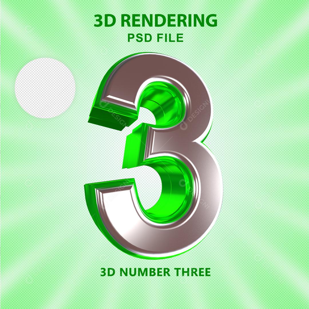 Número 3D 3 Prata com Textura Verde Para composição PSD