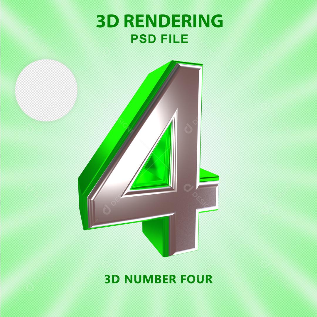 Número 3D 4 Prata com Textura Verde Para composição PSD