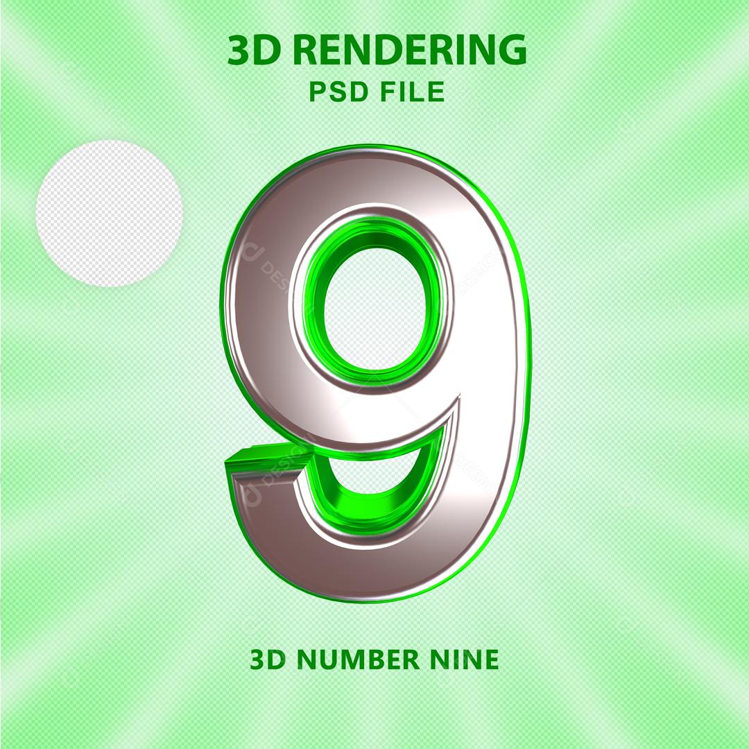 Número 3D 9 Prata com Textura Verde Para composição PSD