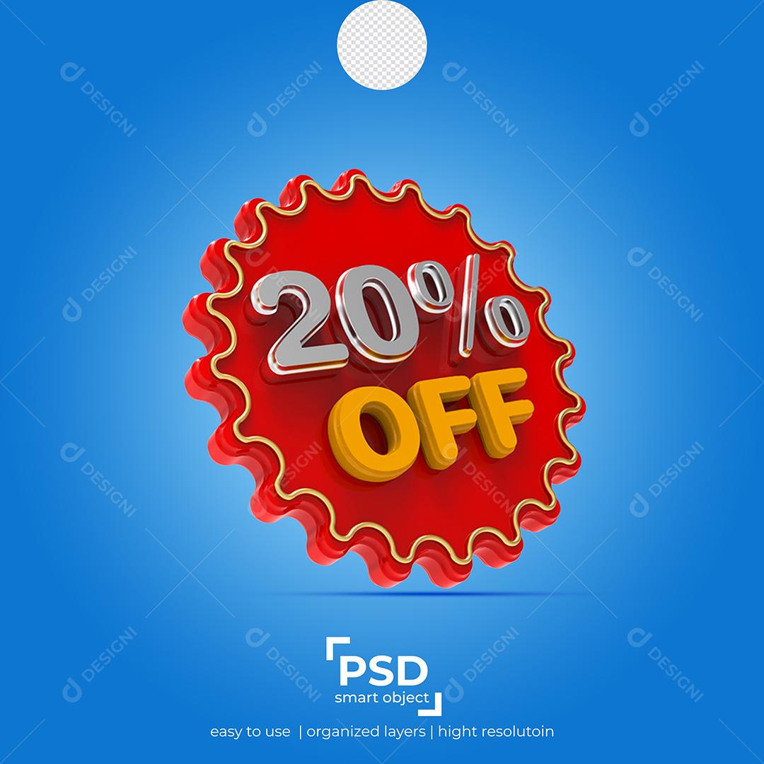 Número 3D 20% Por cento Off Elemento para Composição PSD
