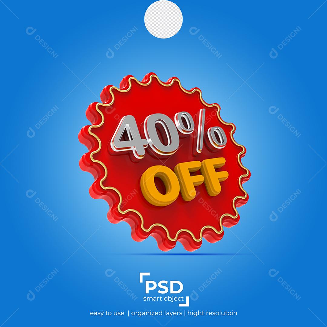Número 3D 40% Por cento Off Elemento para Composição PSD