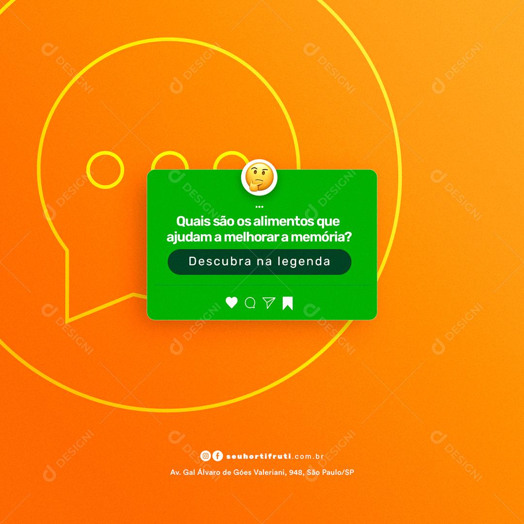 Social Media Quais são os alimentos que ajudam a melhorar a memória Hortifrúti PSD Editável