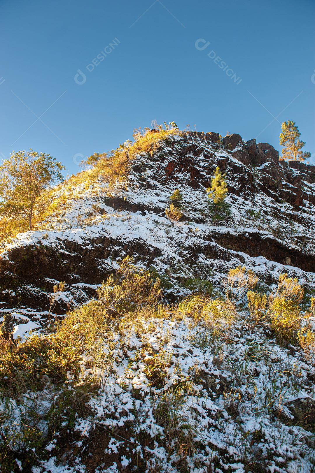 Paisagem montanhosa de Santa Catarina coberta de gelo após uma forte nevasca.