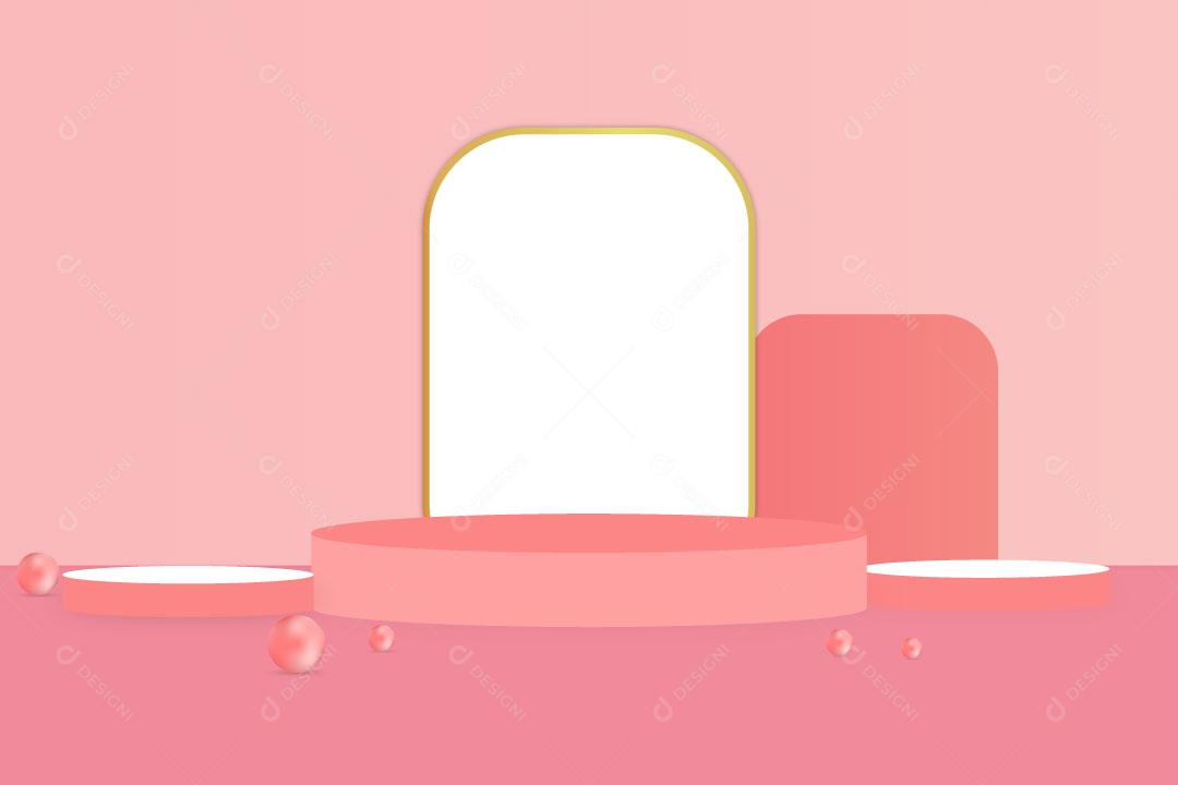 Pódio de palco com formas circulares sobre fundo rosa