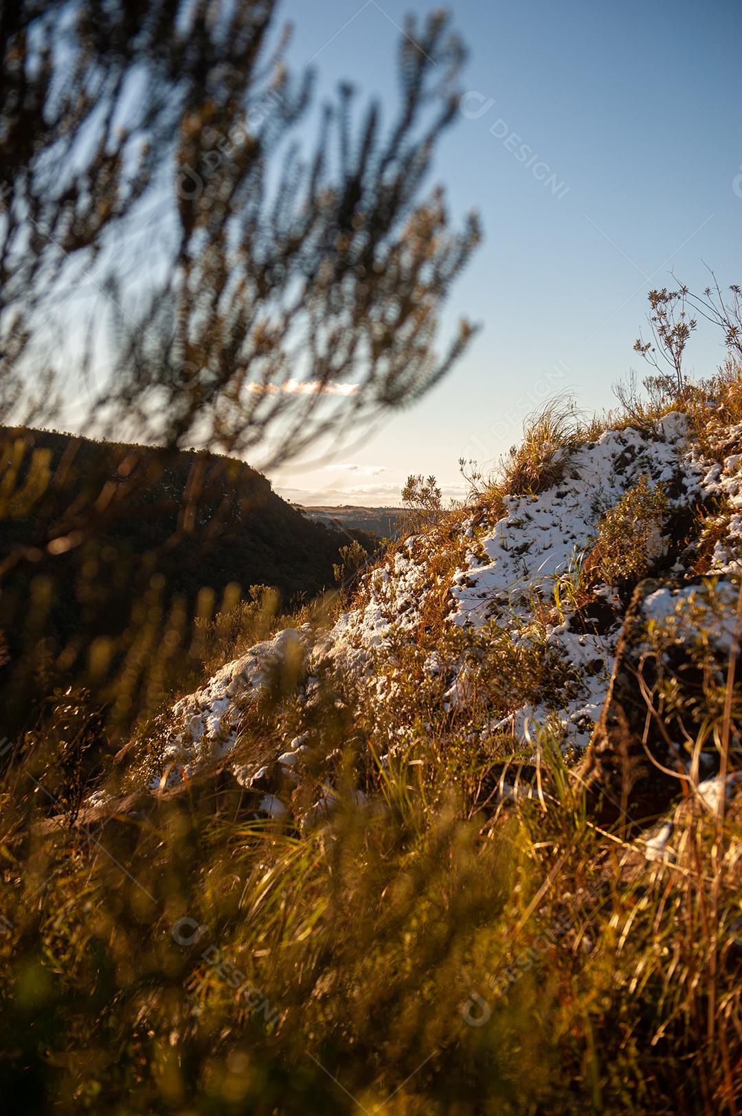 Paisagem montanhosa de Santa Catarina coberta de gelo após uma forte nevasca.