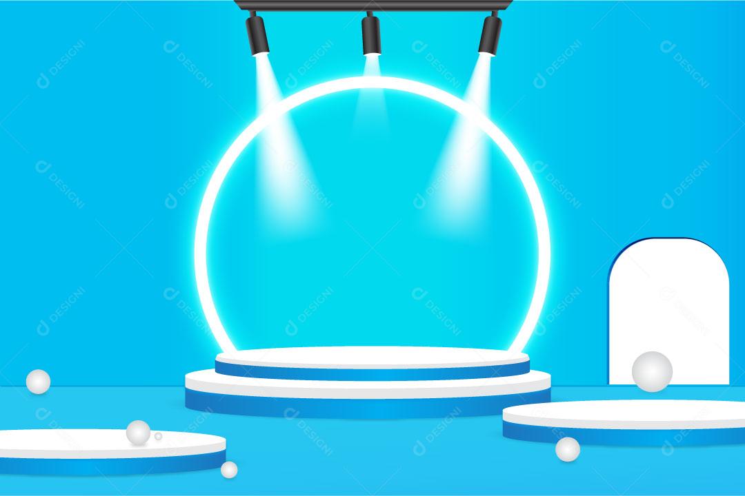 Pódios de palcos com holofotes sobre fundo azul