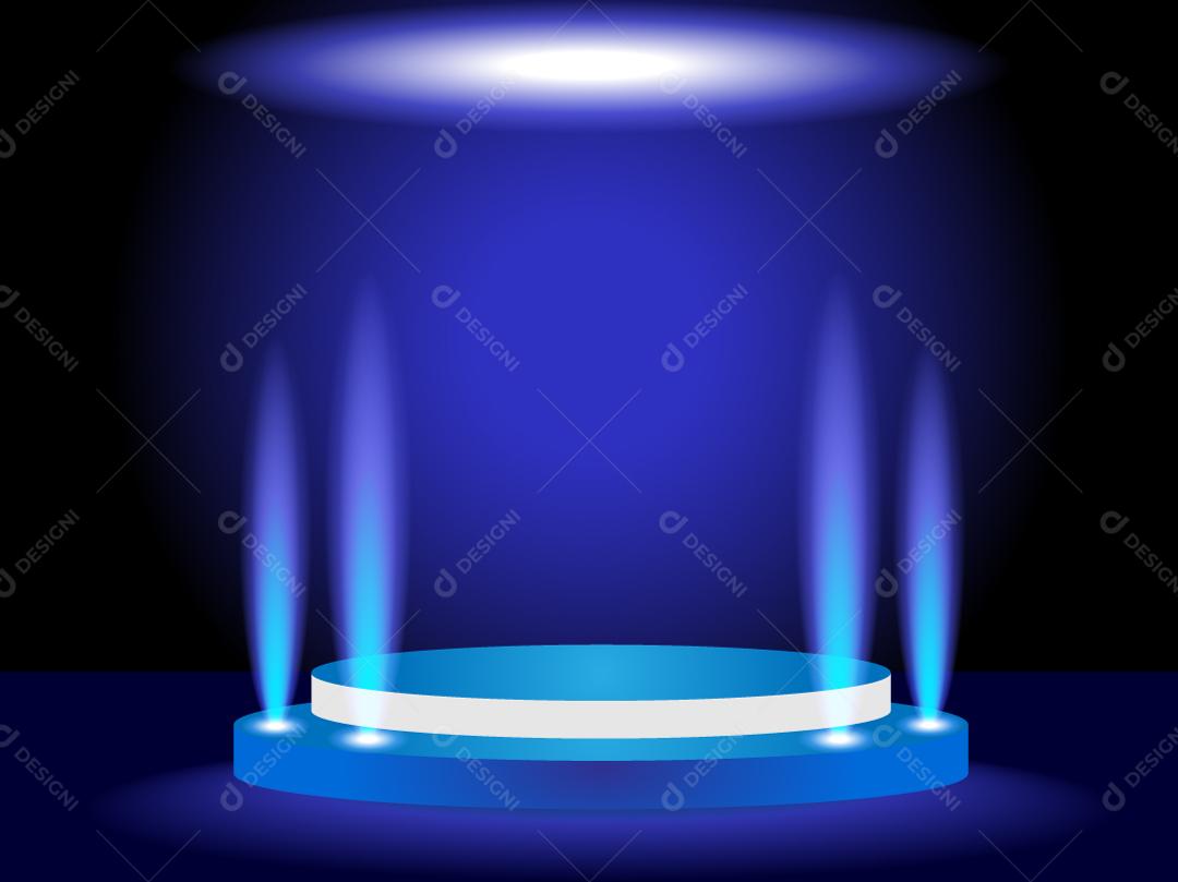 Pódio de palco com holofotes sobre fundo azul