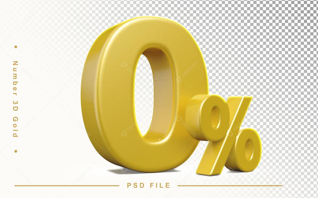 Número 0% por cento 3D Dourado para Composição PSD