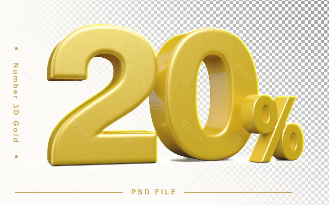 Número 20% por cento 3D Dourado para Composição PSD