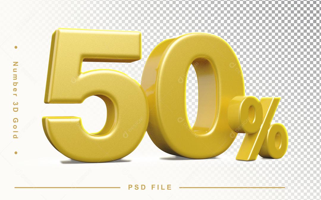 Número 50% por cento 3D Dourado para Composição PSD