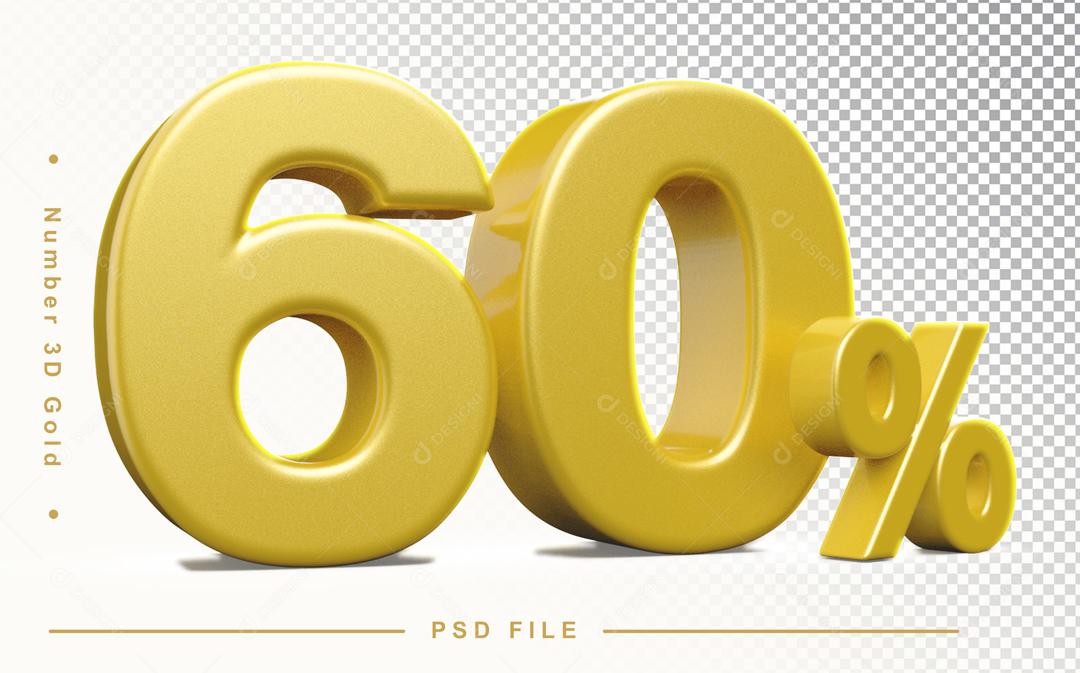 Número 60% por cento 3D Dourado para Composição PSD