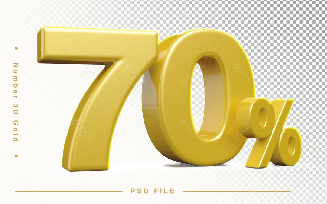 Número 70% por cento 3D Dourado para Composição PSD