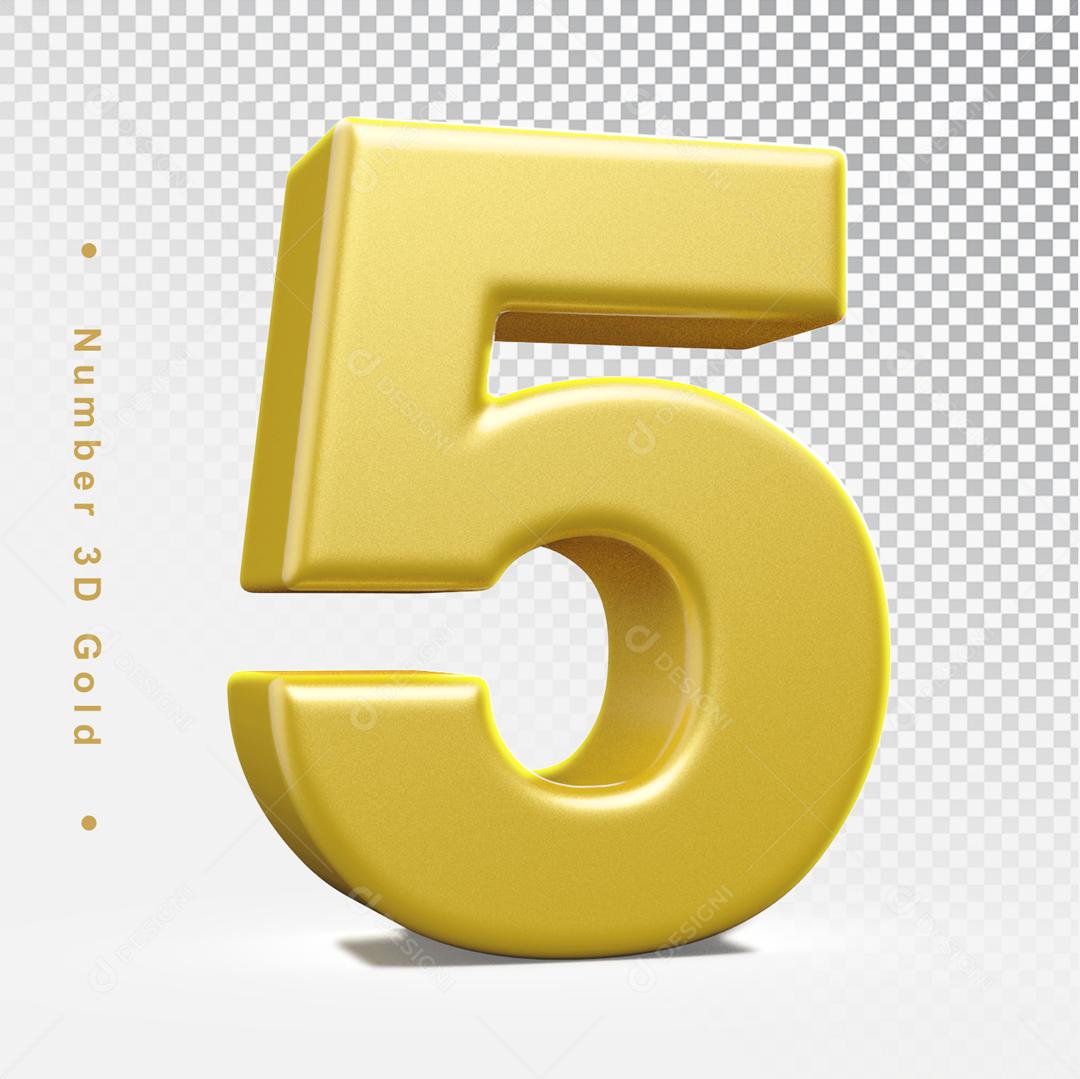 Número 5 Dourado 3D Para composição PSD