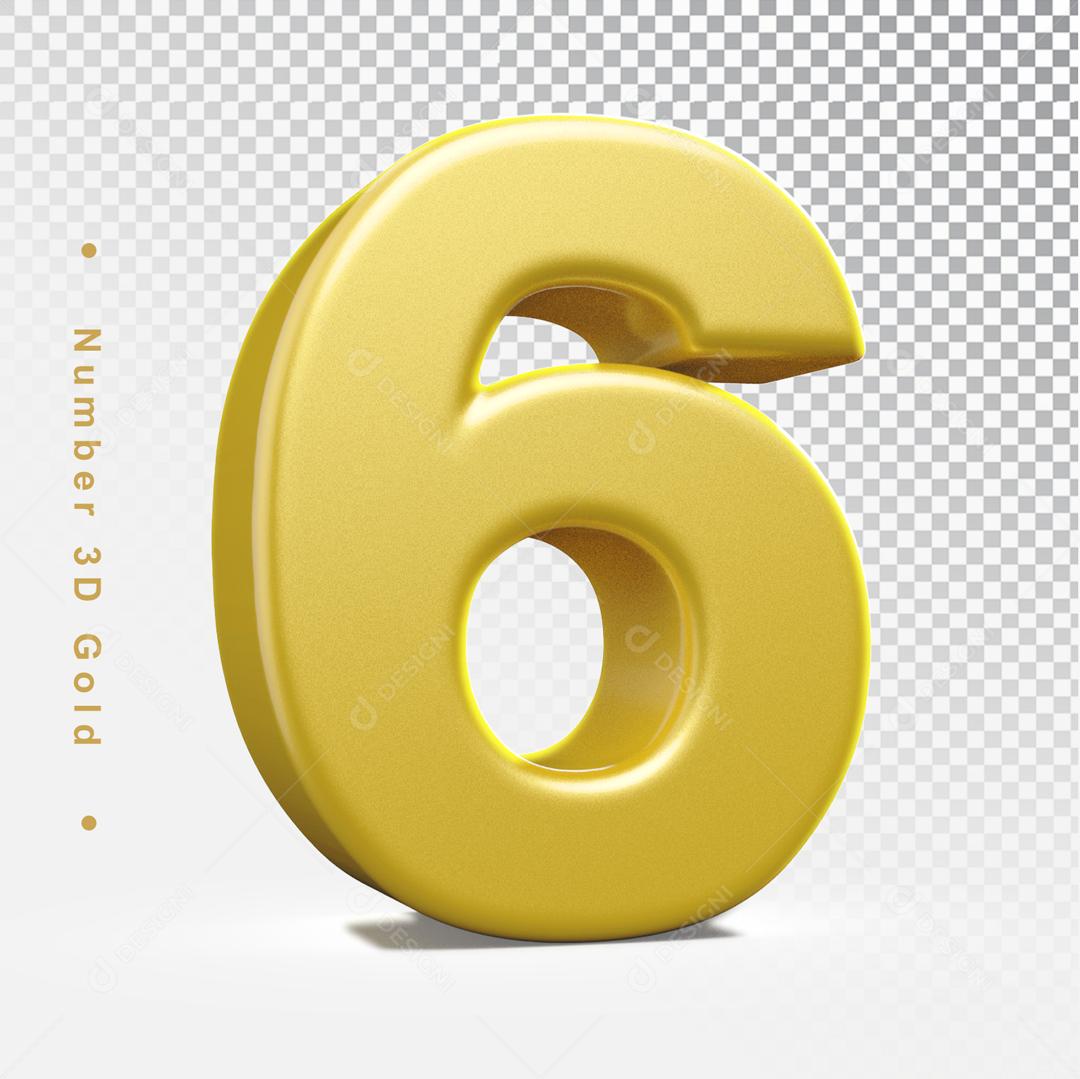 Número 6 Dourado 3D Para composição PSD