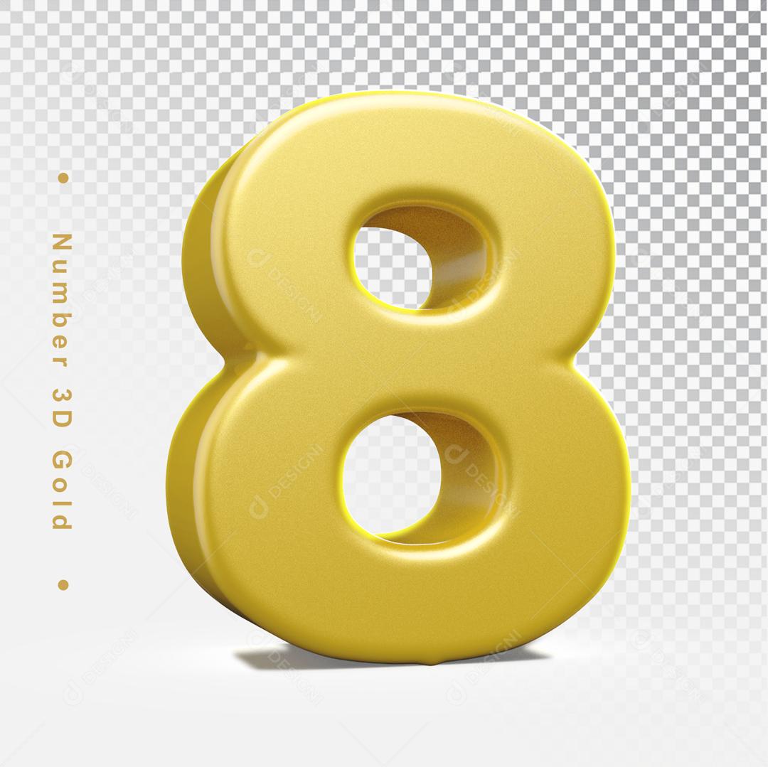Número 8 Dourado 3D Para composição PSD