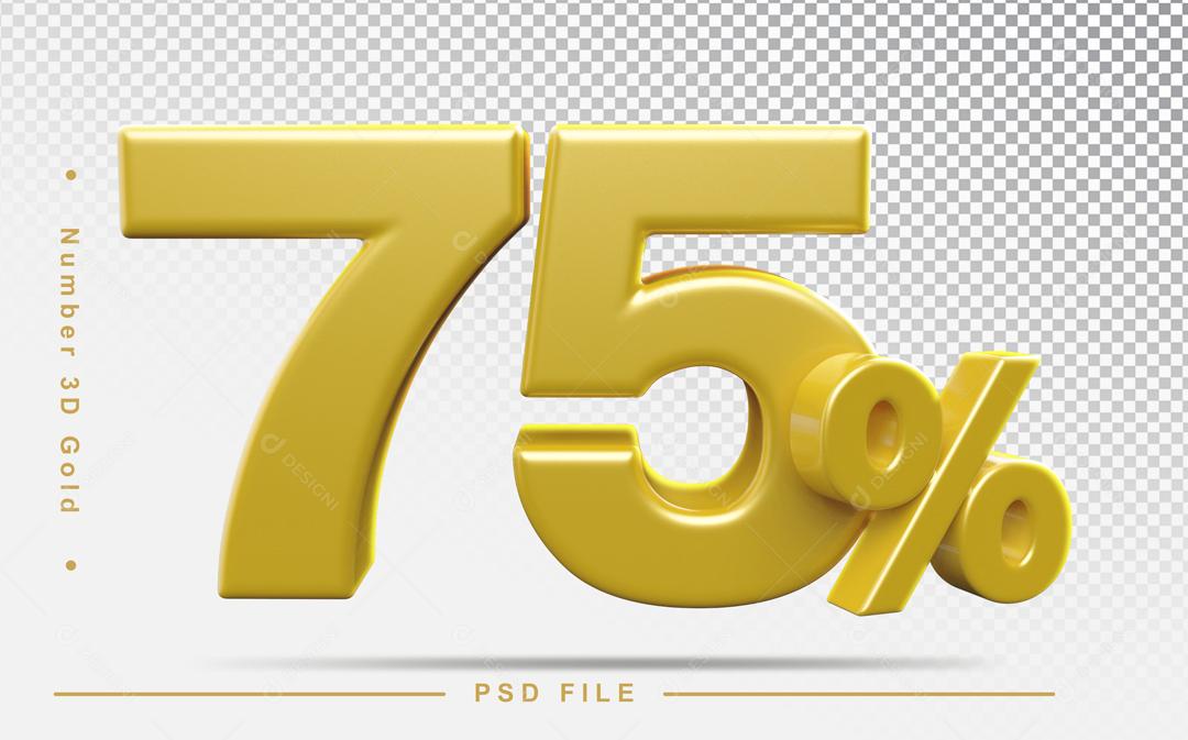 Número 3D 75% Dourado Elemento Para Composição PSD