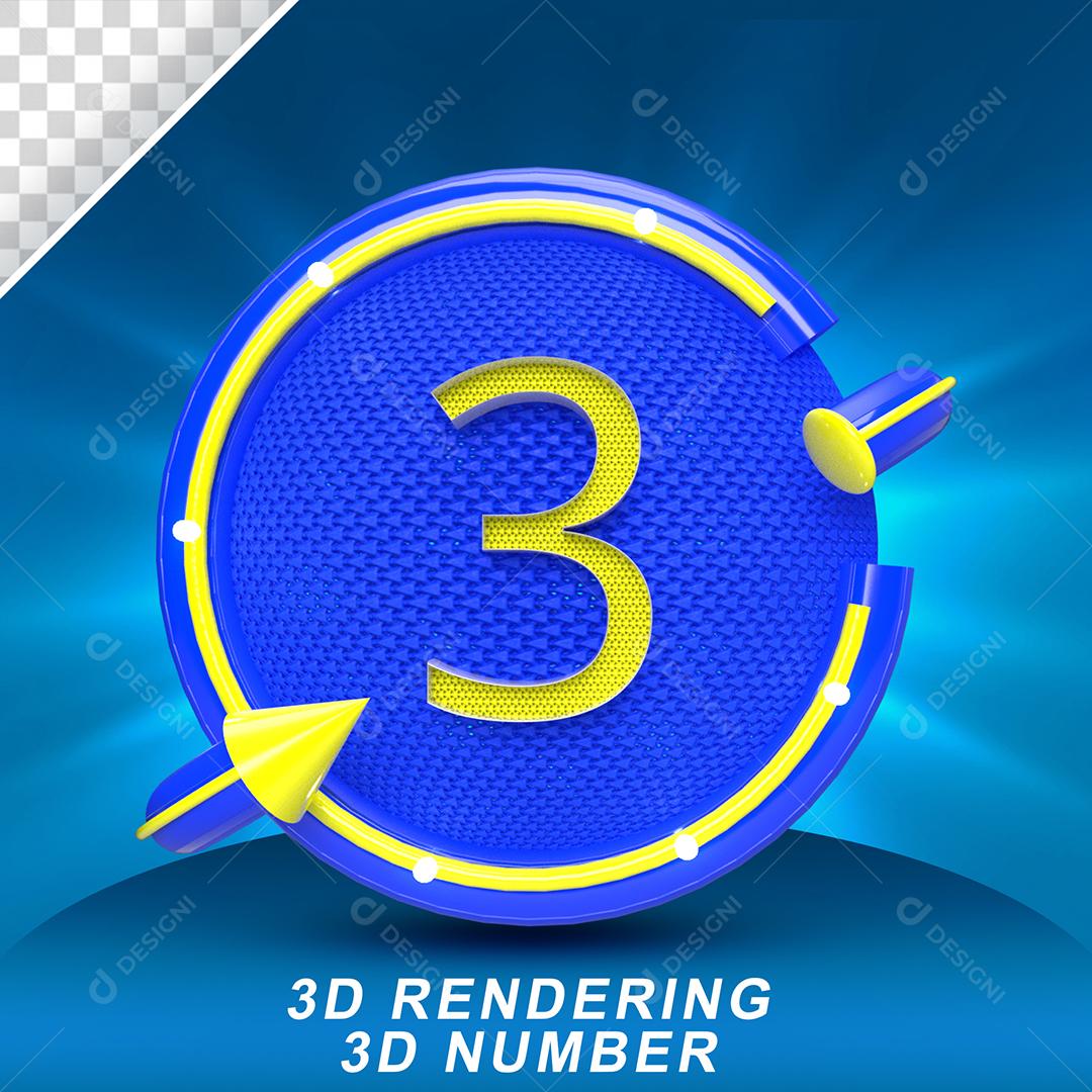 Número 3D 3 Amarelo em Círculo Azul Elemento PSD