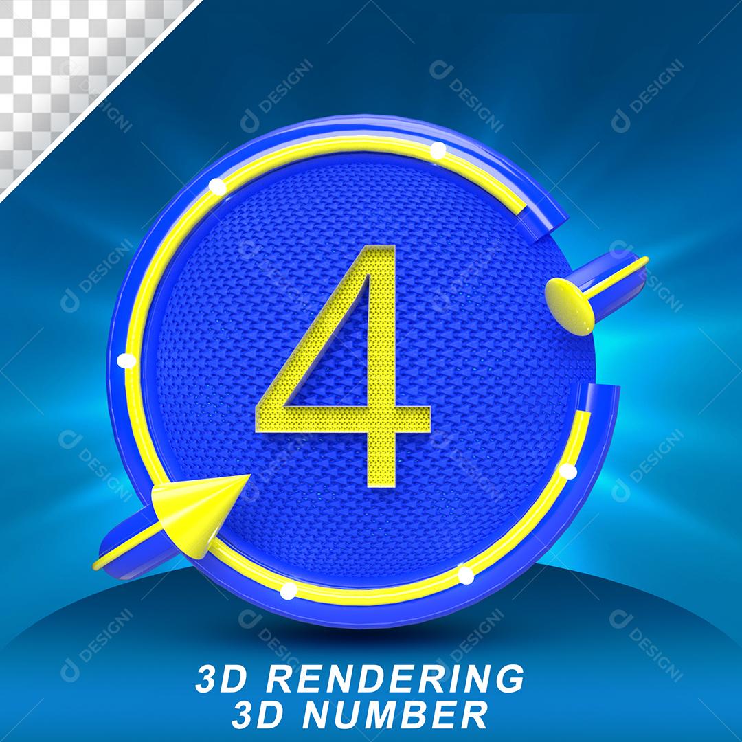 Número 3D 4 Amarelo em Círculo Azul Elemento PSD