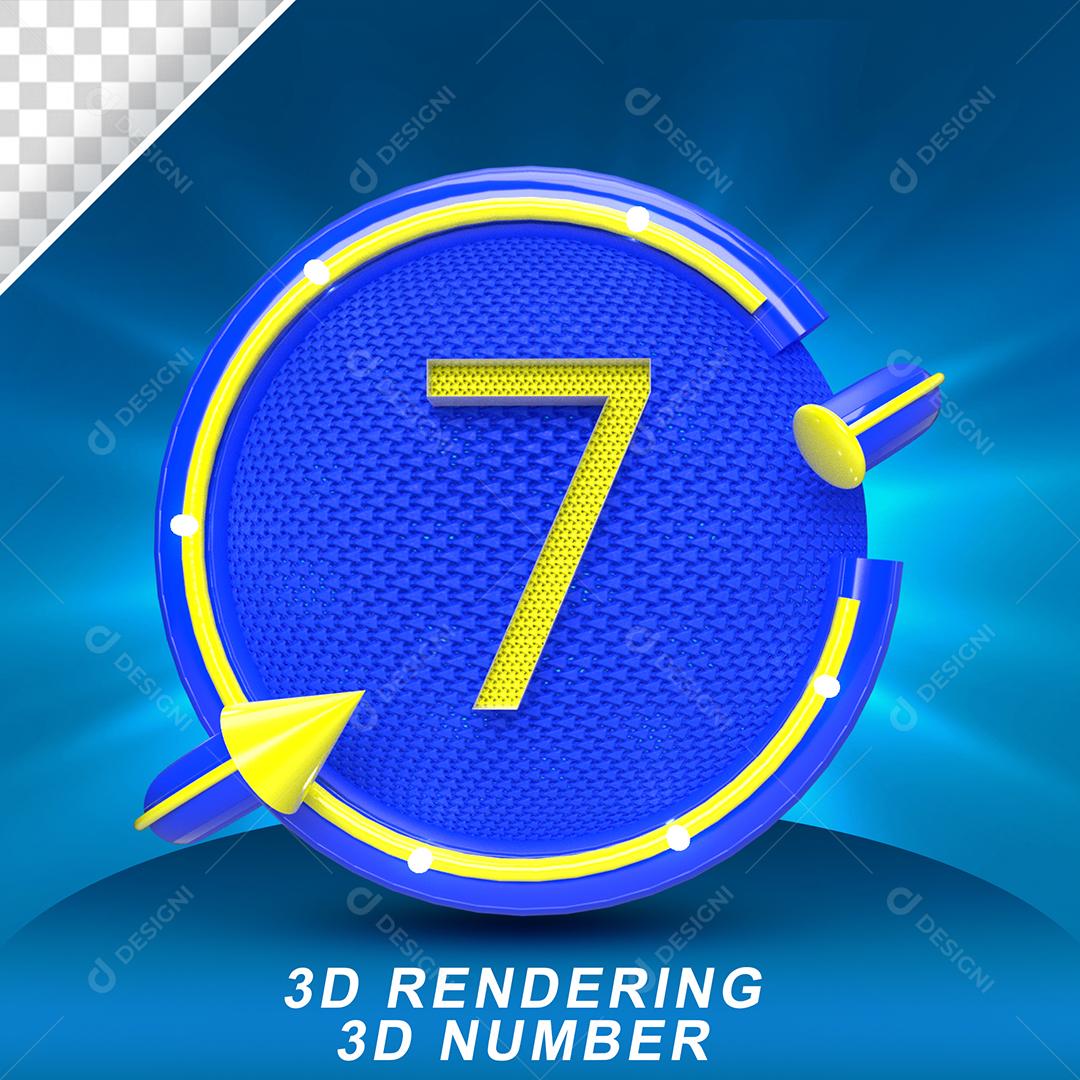 Número 3D 7 Amarelo em Círculo Azul Elemento PSD