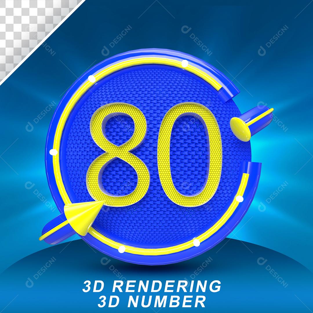 Número 3D 80 Amarelo em Círculo Azul Elemento PSD