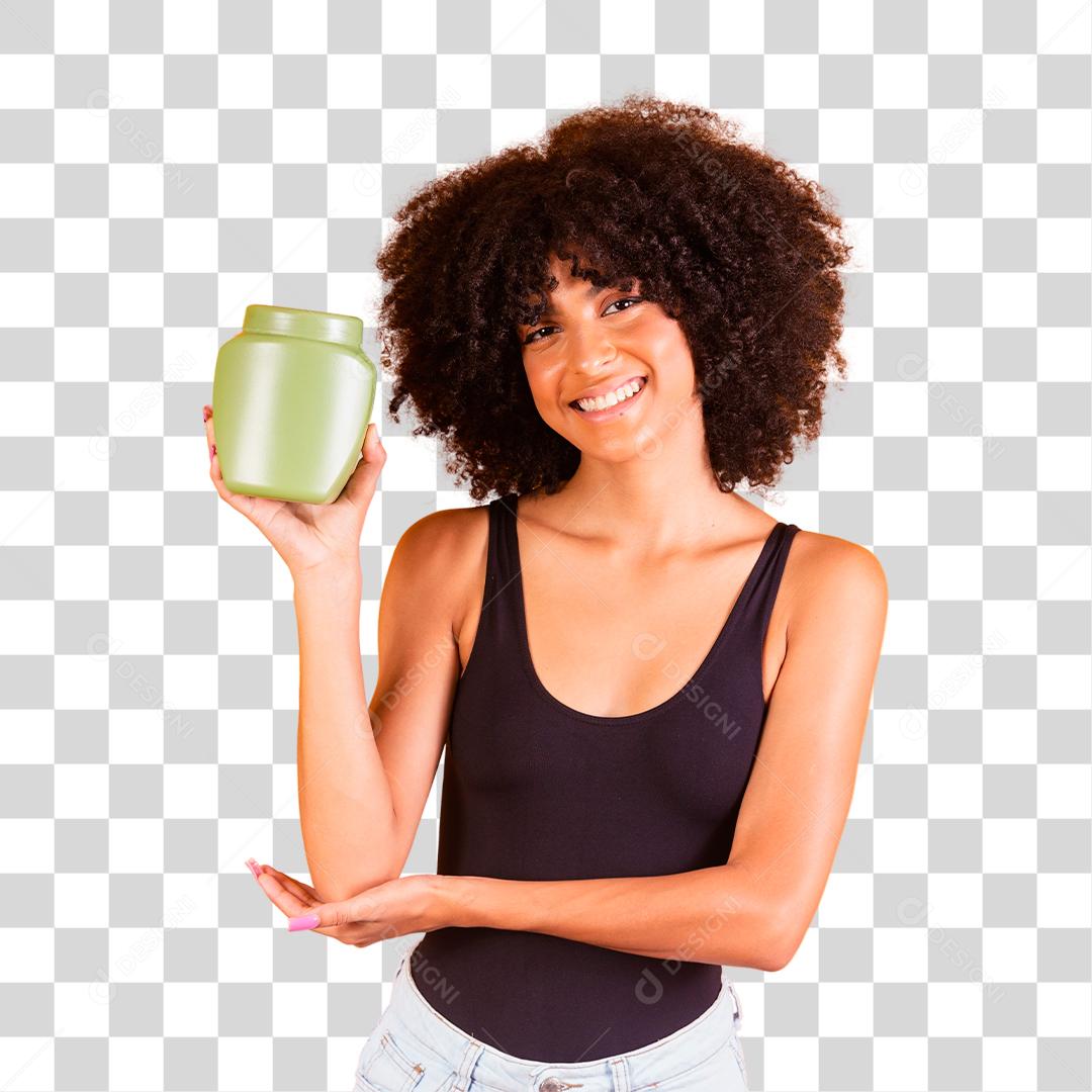 Linda jovem segurando creme de cabelo