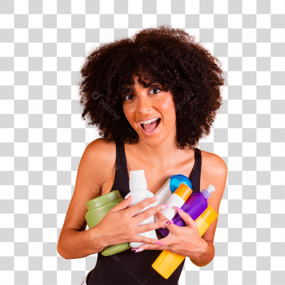 Linda jovem morena segurando nas mãos um de creme de cabelo