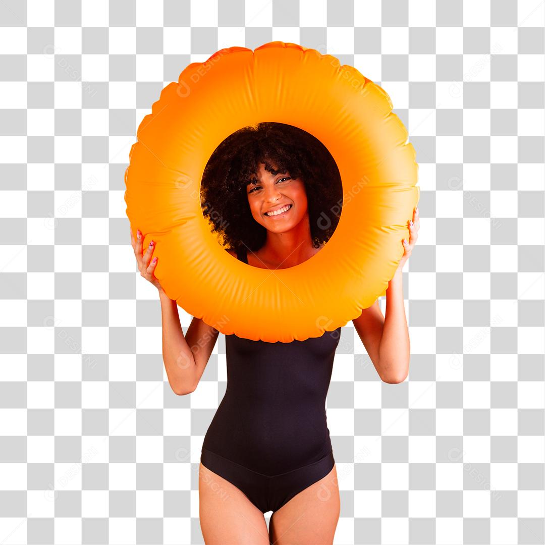 Linda mulher afro segurando boia flutuante