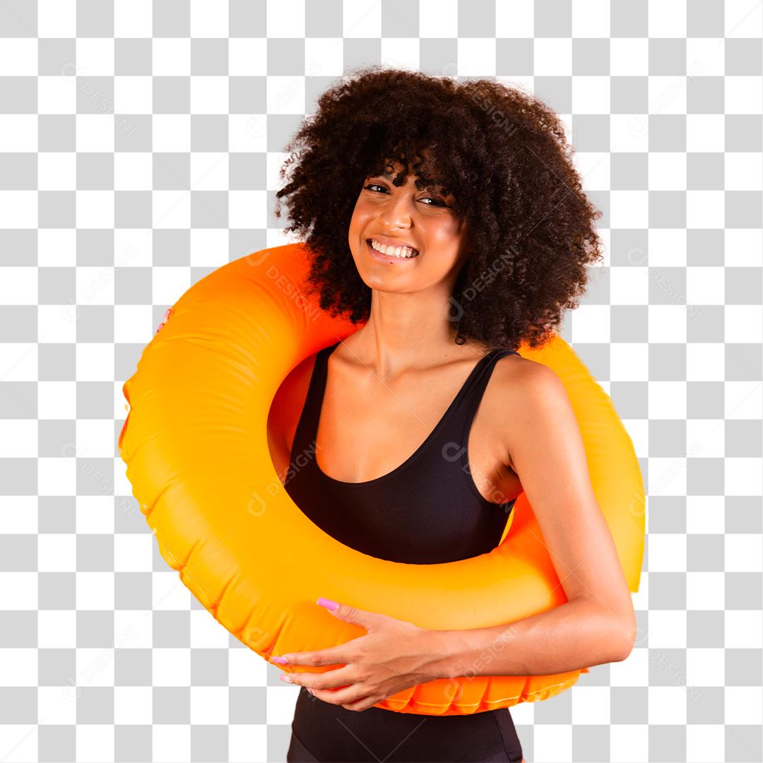 Linda mulher afro segurando com boia flutuante