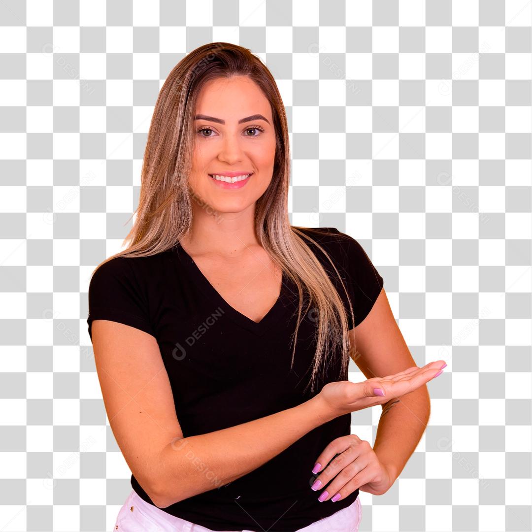 Mulher linda jovem apontando para lado sorridente