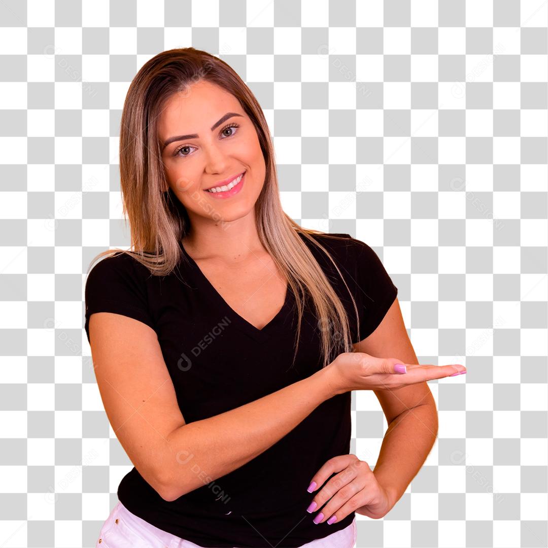 Mulher linda jovem apontando para lado sorridente