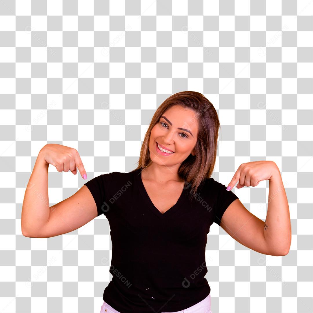 Mulher Loira Jovem apontando pros ombros