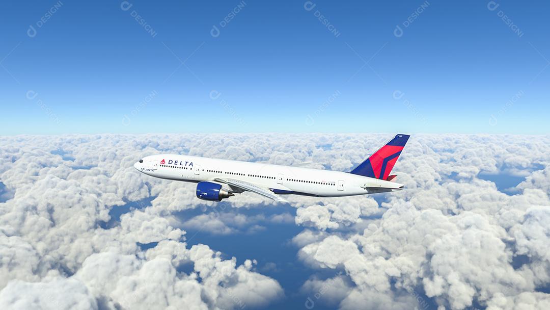 Boeing 777 Delta Airlines voando sobre as nuvens, ilustração 3D, 22 de junho de 2022, São Paulo, Brasil.