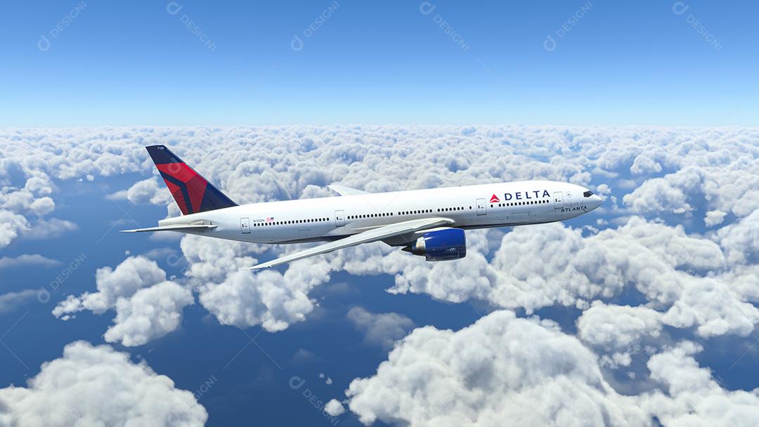 Boeing 777 Delta Airlines voando sobre as nuvens, ilustração 3D, 22 de junho de 2022, São Paulo, Brasil.