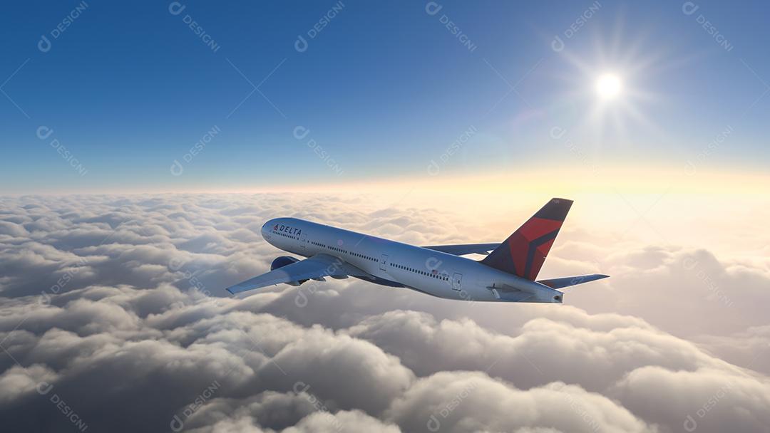 Boeing 777 Delta Airlines voando sobre as nuvens, ilustração 3D, 22 de junho de 2022, São Paulo, Brasil.