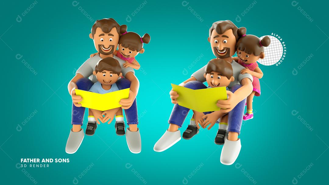 Elemento 3D Pai Com Filhos Lendo Livro Data Comemorativa PSD