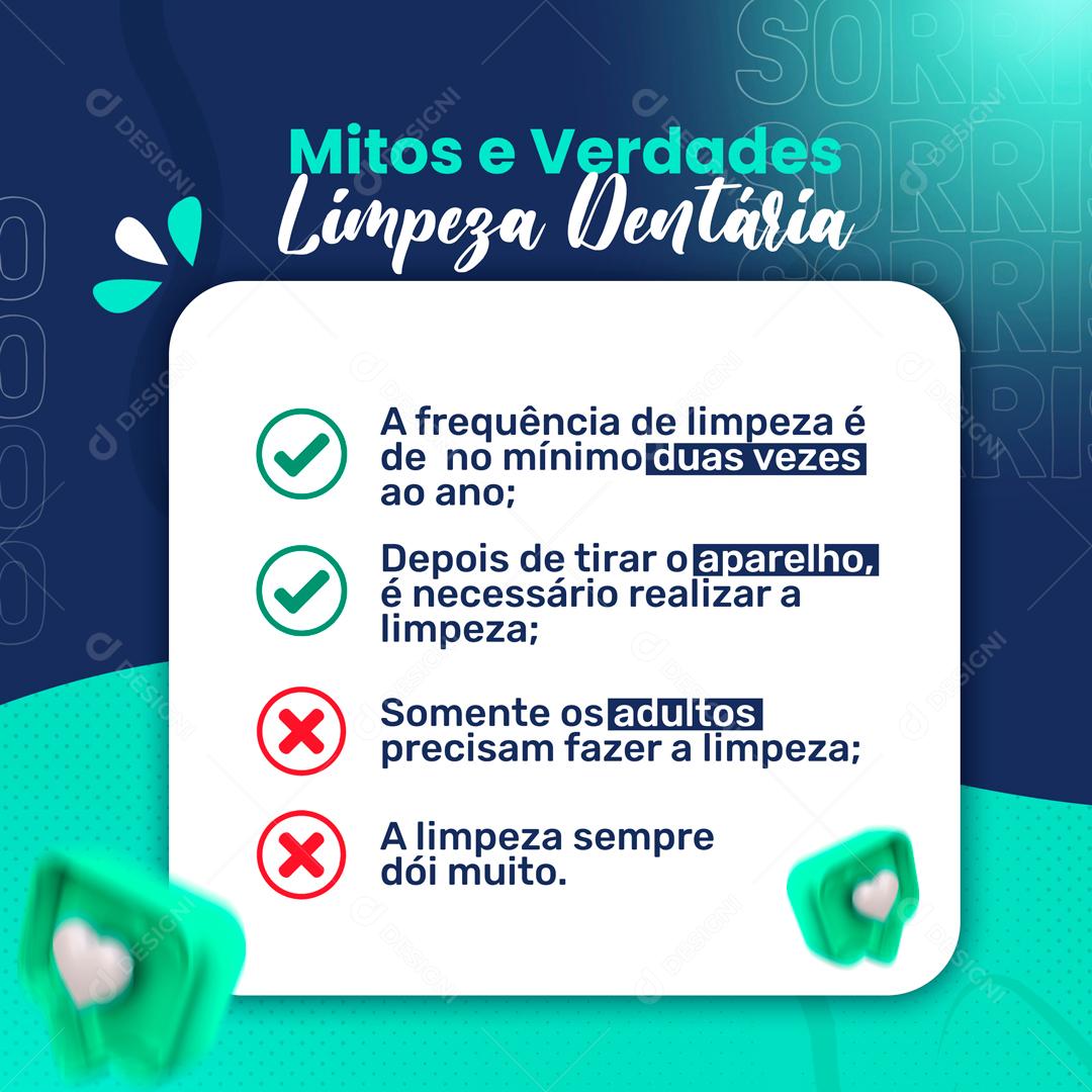 Mitos e Verdadeiros Limpeza Dentária Social Media PSD Editável