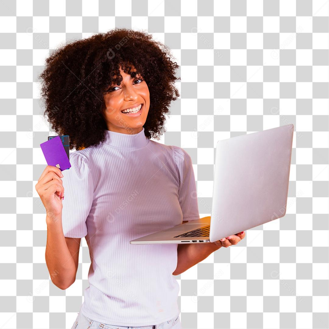 Mulher morena segurando cartão de crédito mostrando novo modelo de notebook