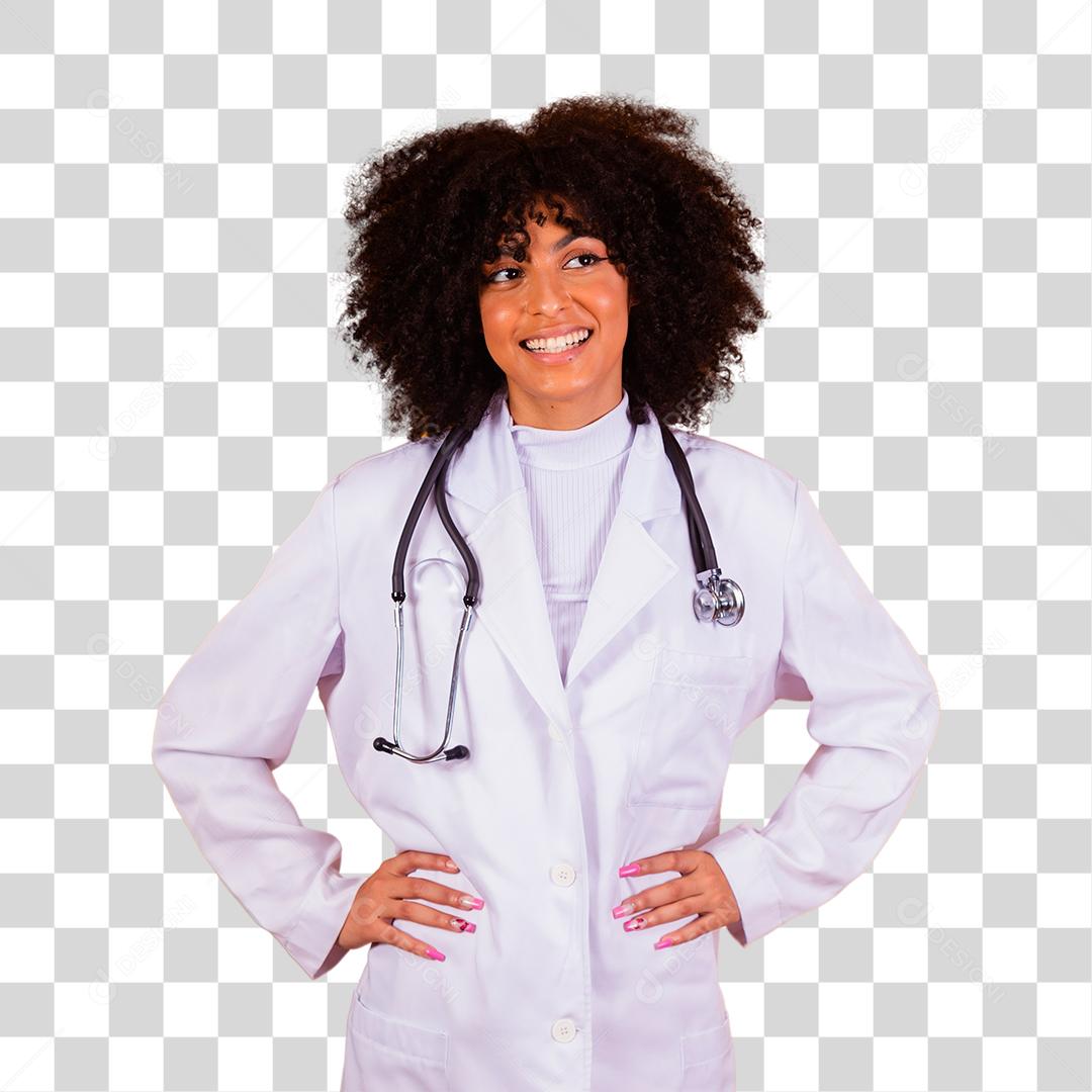 Linda médica afro sorrindo com jaleco branco